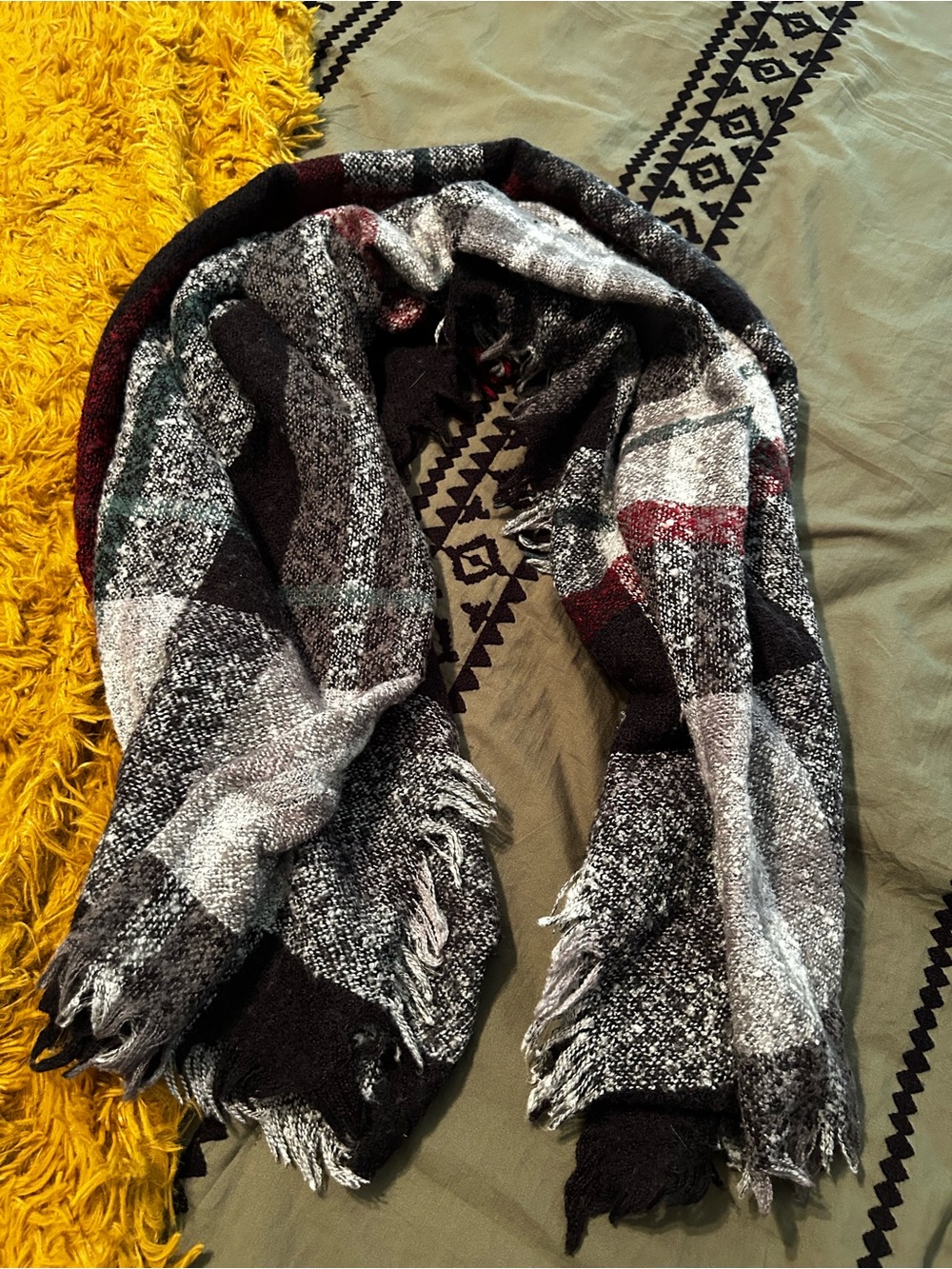 Cozy Black & Gray Plaid Fringe Scarf